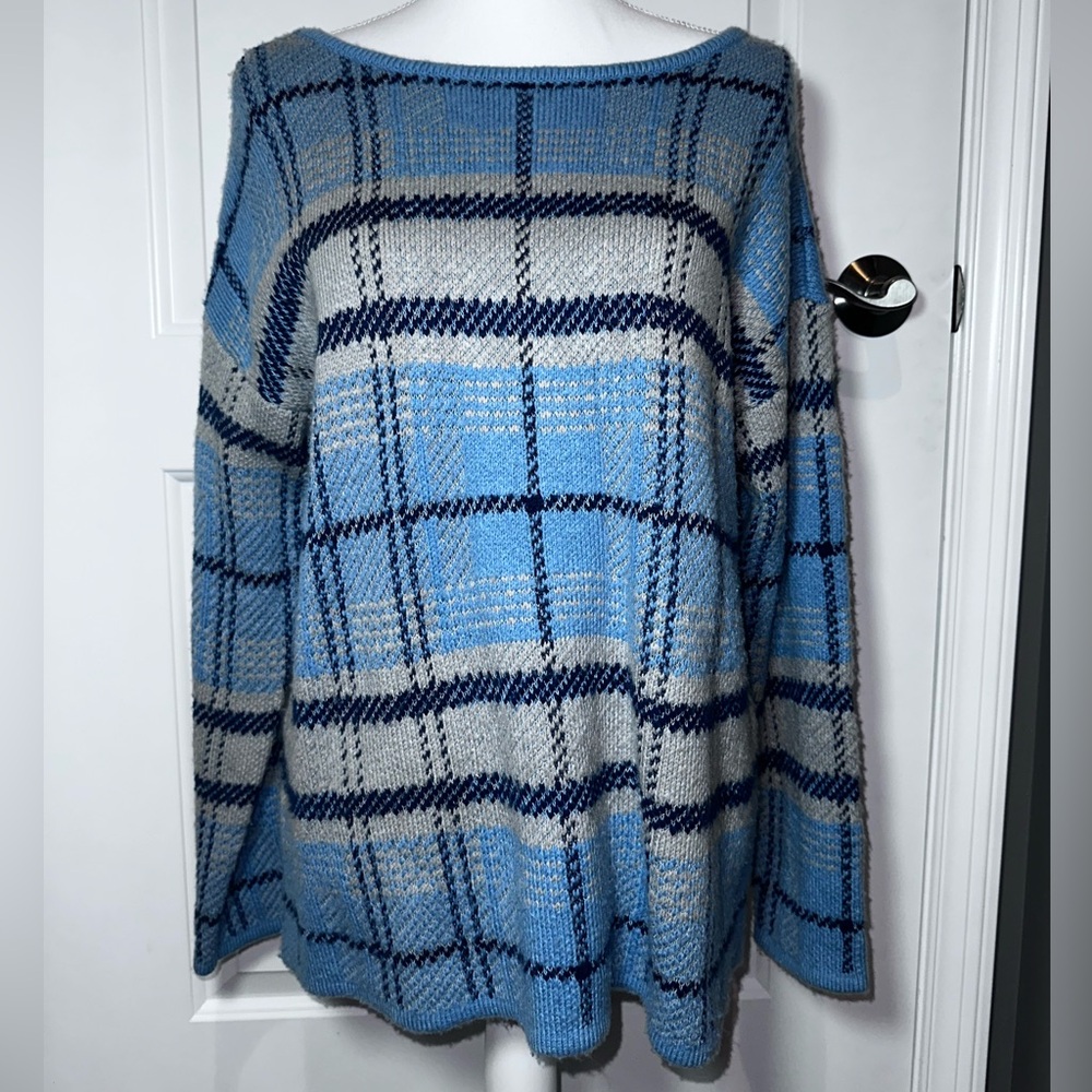 J. Jill Plaid Knit Oversized Sweater Blue Gray Cozy Academia Size M